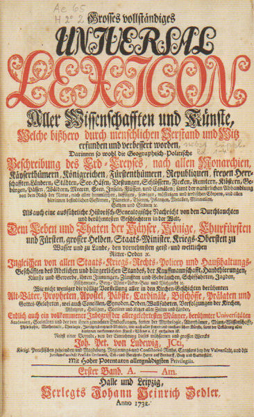 Titelseite von Zedlers Universal-Lexikon (17321754)